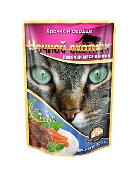 Ночной Охотник для Кошек Кролик и Сердце в Желе Пауч 24х100г купить  зоотовары для животных