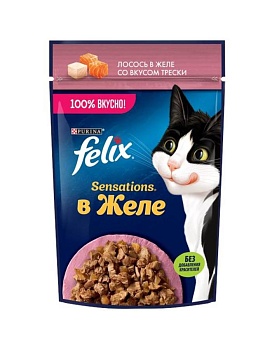 Felix Sensations пауч консервы для кошек, лосось и треска 26х75г купить  зоотовары для животных