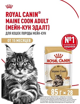 ROYAL CANIN MAINE COON ADULT пауч влажный корм кусочки в соусе для кошек породы Мейн-кун старше 15 месяцев 28х85г купить  зоотовары для животных