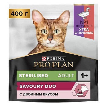 PRO PLAN сухой корм для взрослых стерилизованных кошек и кастрированных котов, с высоким содержанием утки и c печенью 400г купить  зоотовары для животных