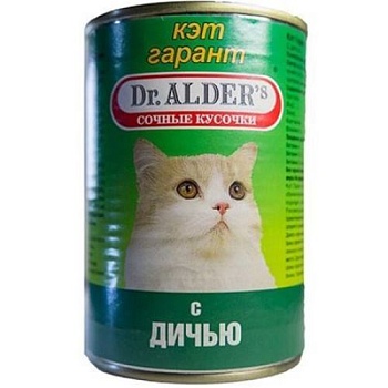 Dr. ALDER`S Кэт Гарант консервы для кошек Сочные кусочки в соусе Дичь 24х415г купить  зоотовары для животных