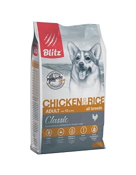 BLITZ сухой корм для взрослых собак Курица/рис 15кг купить  зоотовары для животных