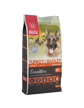 BLITZ Adult Turkey&Barley Sensitive (индейка и ячмень) корм для взрослых собак всех пород,15кг купить  зоотовары для животных