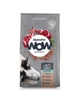 ALPHAPET WOW SUPERPREMIUM сухой корм для взрослых собак средних пород с чувствительным пищеварением с ягненком и бурым рисом 15кг купить  зоотовары для животных