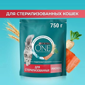PURINA ONE сухой корм для стерилизованных кошек и кастрированных котов, с высоким содержанием лосося и пшеницей 750г купить  зоотовары для животных