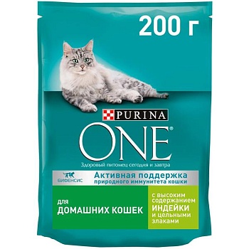 PURINA ONE "Indor" сухой для домашних Кошек Индейка Злаки 200г купить  зоотовары для животных