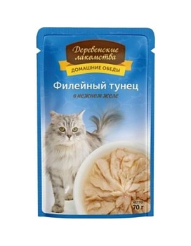ДЕРЕВЕНСКИЕ ЛАКОМСТВА консервы для кошек Филейный тунец в нежном желе 12х70гр купить  зоотовары для животных