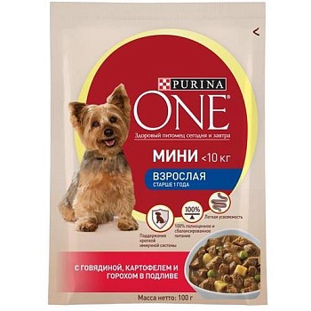 PURINA ONE МИНИ Актив Говядина Картофель Горох консервы для собак пауч 26х85гр купить  зоотовары для животных