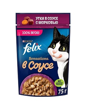 Felix Sensations пауч консервы в удивительном соусе для кошек, утка с морковью 26х75г купить  зоотовары для животных