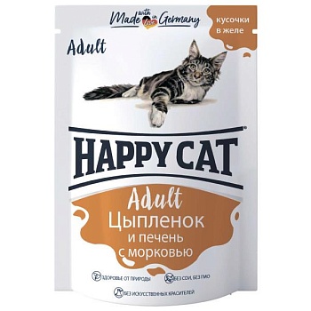 HAPPY CAT ADULT пауч консервы для кошек кусочки в желе цыпленок и печень с морковью 24х100г купить  зоотовары для животных