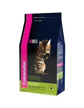 EUKANUBA ADULT HAIRBALL INDOOR сухой корм для взрослых кошек живущих в помещении и способствующий выведению шерсти с домашней птицей 2кг купить  зоотовары для животных