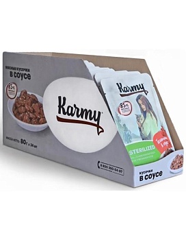 KARMY STERILIZED корм для стерилизованных кошек и кастрированных котов консервы Телятина в соусе 24х80г купить  зоотовары для животных