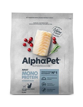AlphaPet SUPERPREMIUM MONOPROTEIN сухой корм для взрослых кошек из белой рыбы 400г купить  зоотовары для животных
