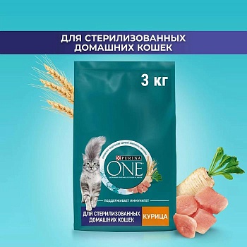 PURINA ONE сухой корм для взрослых кошек, живущих в домашних условиях, с высоким содержанием курицы 3кг купить  зоотовары для животных