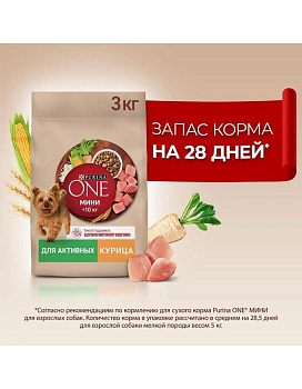 PURINA ONE МИНИ 3 кг сухой корм для взрослых собак мелких пород, с высоким содержанием курицы и с рисом купить  зоотовары для животных