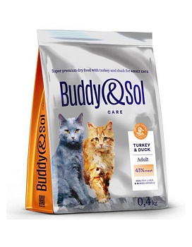 BUDDY SOL CARE ADULT сухой корм для взрослых кошек с индейкой и уткой 400г купить  зоотовары для животных
