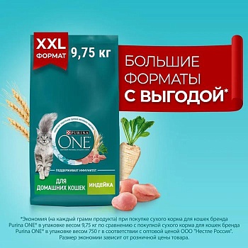 PURINA ONE сухой корм для домашних кошек, с высоким содержанием индейки и цельными злаками 9,75кг купить  зоотовары для животных