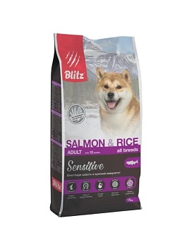 BLITZ Adult Sensitive SALMON & RICE сухой корм для взрослых собак всех пород Лосось/рис 15 кг купить  зоотовары для животных