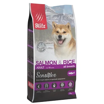 BLITZ Adult Sensitive SALMON & RICE сухой корм для взрослых собак всех пород Лосось/рис 15 кг купить  зоотовары для животных