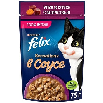 Felix Sensations пауч консервы в удивительном соусе для кошек, утка с морковью 26х75г купить  зоотовары для животных