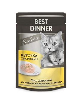 Best Dinner Exclusive консервы для кошек и котят с 1 месяца мусс сливочный с курочкой и морковью пауч 24х85г купить  зоотовары для животных