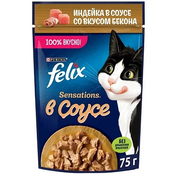 Felix Sensations пауч консервы в удивительном соусе для кошек, индейка с беконом 26х75г купить  зоотовары для животных