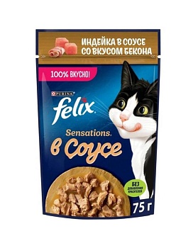 Felix Sensations пауч консервы в удивительном соусе для кошек, индейка с беконом 26х75г купить  зоотовары для животных