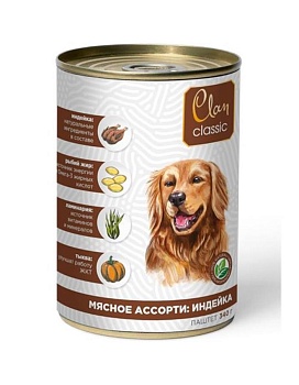 CLAN CLASSIC консервы для собак паштет Мясное ассорти с индейкой 9х340гр купить  зоотовары для животных