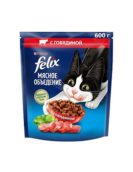 Felix Мясное объедение сухой корм для взрослых кошек, с говядиной 600г купить  зоотовары для животных