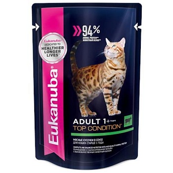 EUKANUBA ADULT TOP CONDITION BEEF пауч влажный корм для взрослых кошек, говядина в соусе 24х85г купить  зоотовары для животных