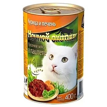 НОЧНОЙ ОХОТНИК Консервы для кошек паштет с курицей и печенью 20х415г купить  зоотовары для животных