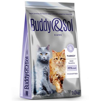 BUDDY SOL CARE ADULT SENSITIVE сухой корм для взрослых кошек с чувствительным пищеварением с индейкой 10кг купить  зоотовары для животных