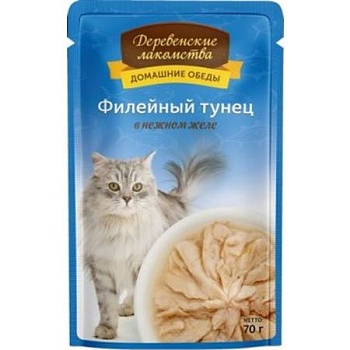 ДЕРЕВЕНСКИЕ ЛАКОМСТВА консервы для кошек Филейный тунец в нежном желе 12х70гр купить  зоотовары для животных