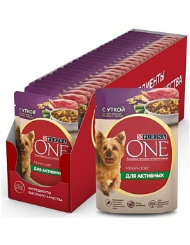 PURINA ONE МИНИ Актив консервы для собак, с уткой, пастой и зеленая фасолью в подливе 26х85гр купить  зоотовары для животных