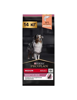PRO PLAN Adult Medium Sensitive Skin сухой корм для собак средних пород 10 - 25 кг с чувствительной кожей Лосось 14 кг купить  зоотовары для животных