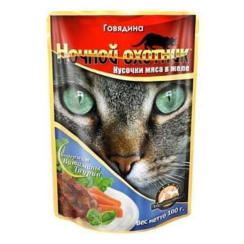Ночной Охотник Консервы для Кошек Говядина Кусочки в Желе 24х100г купить  зоотовары для животных