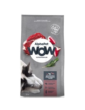 ALPHAPET WOW SUPERPREMIUM сухой корм для взрослых собак средних пород с говядиной и сердцем 15кг купить  зоотовары для животных