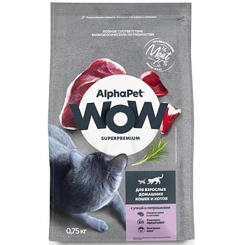 AlphaPet WOW SUPERPREMIUM сухой корм для взрослых домашних кошек и котов с уткой и потрошками 750гр купить  зоотовары для животных