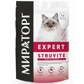 МИРАТОРГ Expert Struvite Полнорационный для взрослых кошек всех пород при мочекаменной болезни струвитного типа 400гр купить  зоотовары для животных