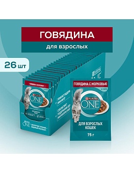 Purina ONE пауч влажный  корм для взрослых кошек с говядиной и морковью 26х75г купить  зоотовары для животных