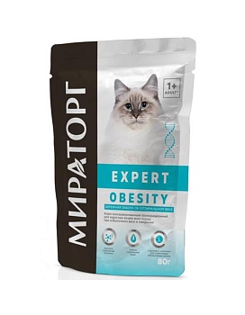 МИРАТОРГ Expert Obesity Корм пауч полнорационный для взрослых кошек всех пород при избыточном весе и ожирении 24х80гр купить  зоотовары для животных