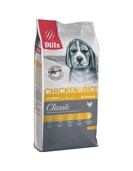 BLITZ сухой корм для щенков всех пород Курица с рисом 15кг купить  зоотовары для животных