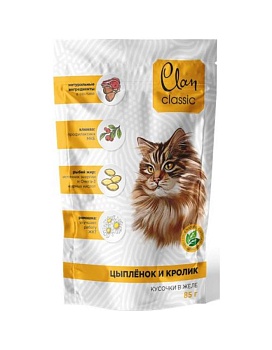 CLAN CLASSIC пауч для кошек Цыпленок, кролик, клюква и ромашка в соусе 14х85гр купить  зоотовары для животных
