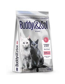 BUDDY SOL CARE STERILIZED сухой корм для взрослых стерилизованных кошек с индейкой и говядиной 2кг купить  зоотовары для животных