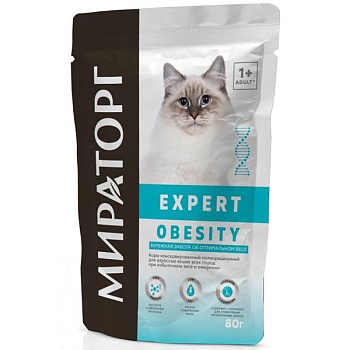 МИРАТОРГ Expert Obesity Корм пауч полнорационный для взрослых кошек всех пород при избыточном весе и ожирении 24х80гр купить  зоотовары для животных