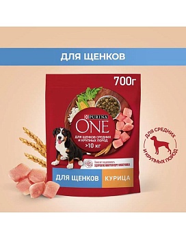 PURINA ONE 700 г сухой корм для щенков средних и крупных пород, с высоким содержанием курицы и с рисом купить  зоотовары для животных