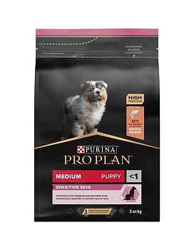 PRO PLAN Puppy Medium Sensitive Skin сухой корм для щенков средних пород 10 - 25 кг с чувствительной кожей Лосось 3кг купить  зоотовары для животных