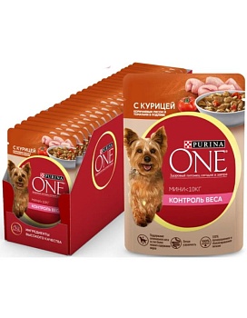 Purina ONE МИНИ Контроль веса для собак, с курицей, рисом и томатами 26х85гр купить  зоотовары для животных