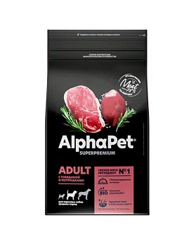 ALPHAPET SUPERPREMIUM ADULT сухой корм для взрослых собак средних пород с говядиной и потрошками 2кг купить  зоотовары для животных