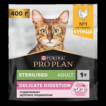 PRO PLAN сухой корм для взрослых стерилизованных кошек и кастрированных котов старше 1 года, с высоким содержанием курицы 400г купить  зоотовары для животных